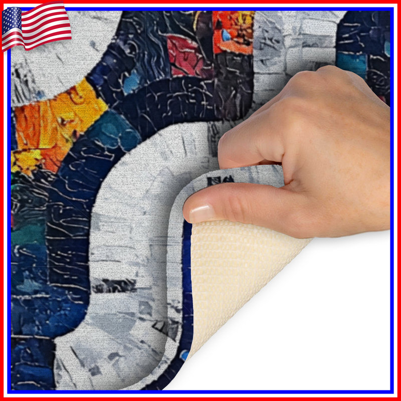 Tapis de bain abstrait, Simple - L 34 po x l 21 po, Bleu / blanc géométrique