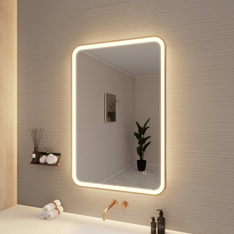 40 Inch Rectangle LED Front and Backlit Wall Mirror in Satin Gold, Satin Gold, 40" x 27"