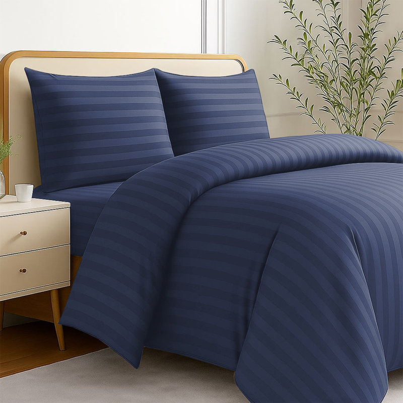 Striped 4-Piece Microfiber Bedding Set, Duvet Cover, Fitted Sheet & Pillowcases , Washed Blue Striped