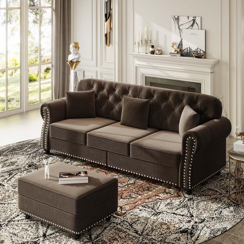 Canapé Chesterfield Timeless en velours avec capitonnage et garniture cloutée, Brun