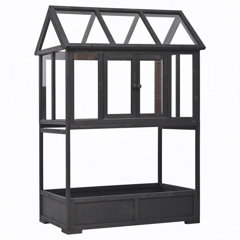 Garden Wood Portable Cold Frame with Movable Wheels Mini Greenhouse with Openable Roof and Storage Box, Black