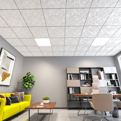 Carreaux de plafond en PVC 24 po x 24 po Art3d, carreau de plafond à motif floral espagnol imperméable, paquet de 12, blanc