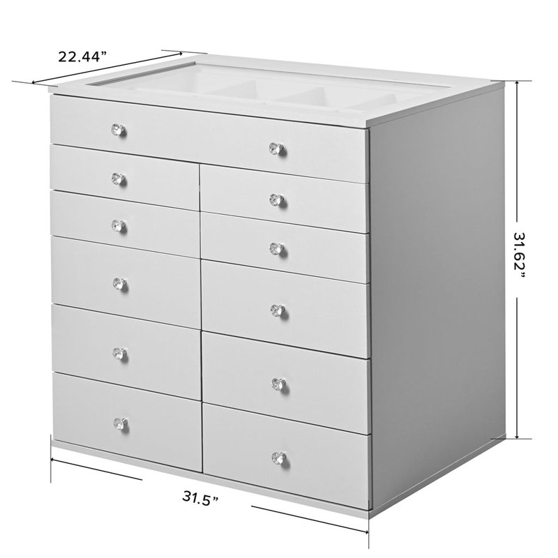 Storage Box with 11 Makeup Drawers, Crystal Lux Handles, Argent