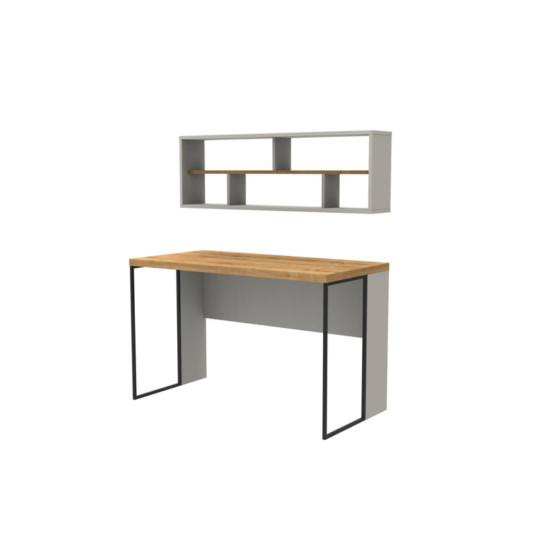 Traudel Writing Desk With Wall Shelf, White/Oak