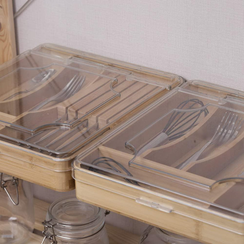 Organisateur de tiroir de cuisine, porte-ustensiles de 13 pouces avec ustensiles, avec couvercle amovible, 5 compartiments en bois de bambou