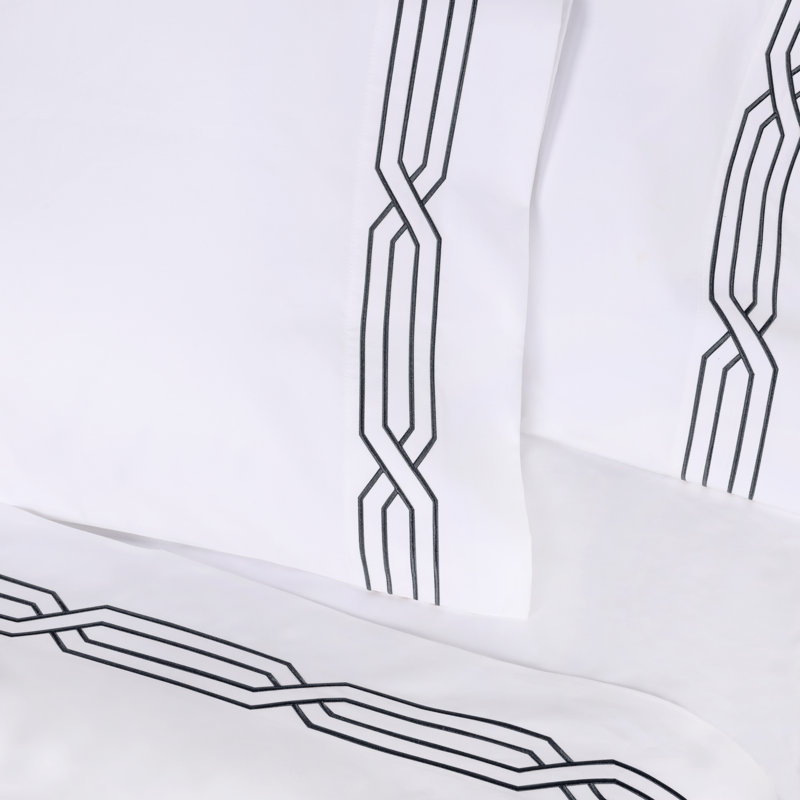 1200 Thread Count 100% Egyptian Cotton Geometric Embroidered Scroll Bed Sheet Set, White/Charcoal, Queen