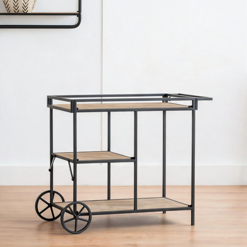Tablette roulante à 3 niveaux en fer noir et bois pour le rangement et la présentation de la salle à manger et du salon, style minimaliste moderne