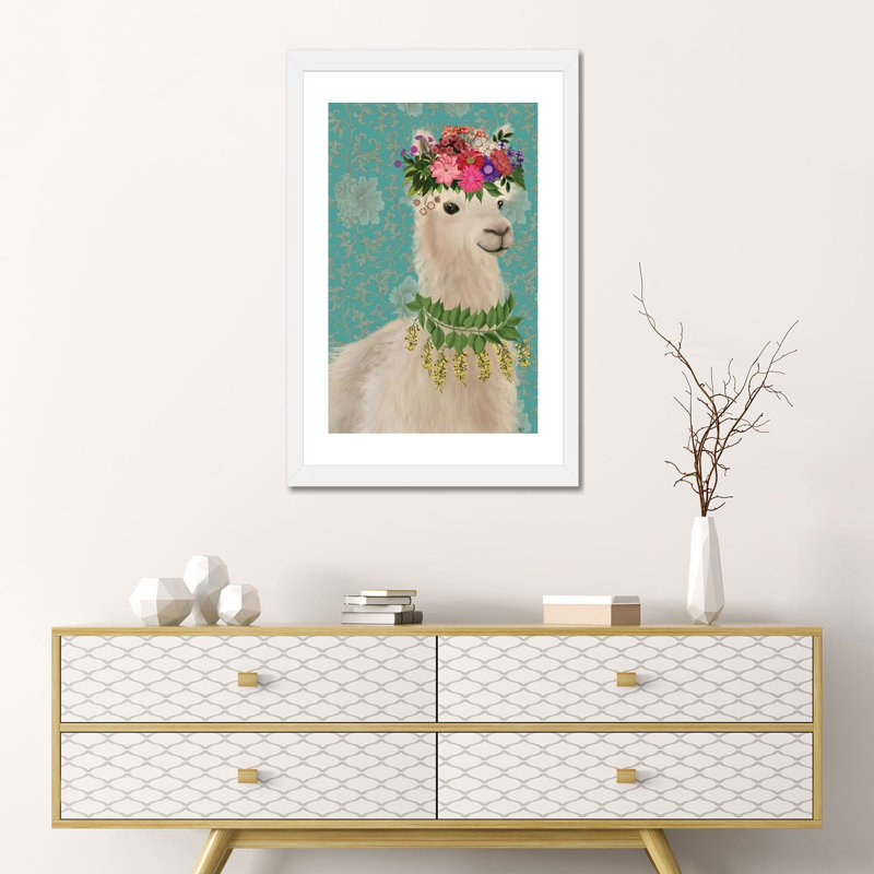 «Llama Bohemian 2» par Fab Funky - impression d'art graphique, Blanc, H 24 po x l 16 po x P 1 po, Papier encadré blanc