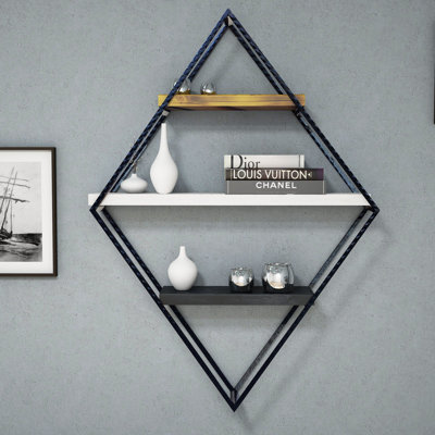 3 Piece Diamond Metal and Solid Wood Accent Shelf