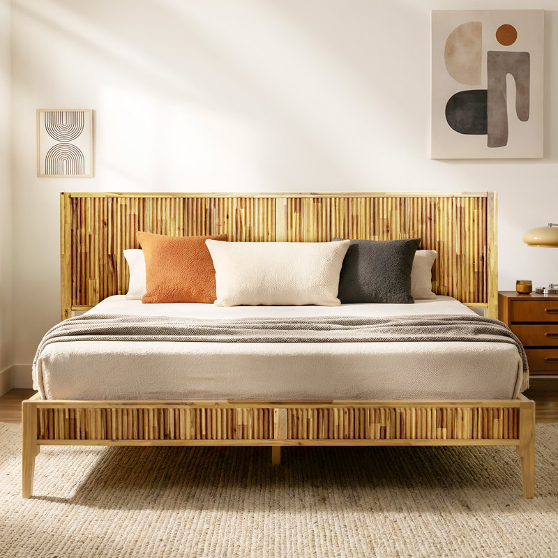  Base de lit en bois d'acacia Bosk avec tête de lit, motif de cannelures de grande taille, lit plateforme de style Mid-Century moderne - certifié FSC, silencieux, facile à assembler, aucun sommier tapissier requis