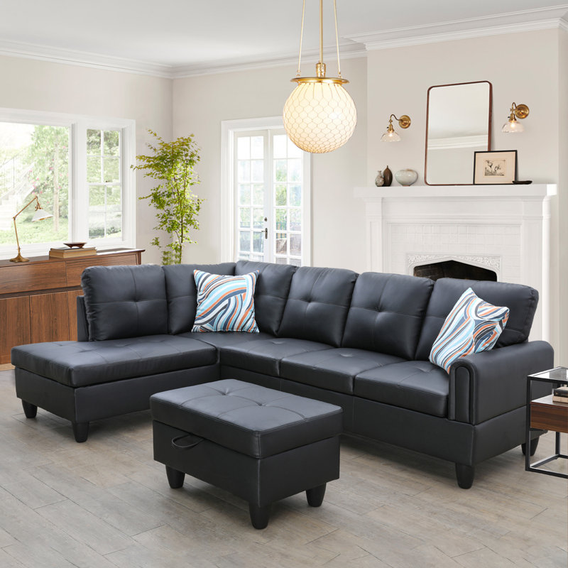 Canapé modulaire 3 pièces avec repose-pieds Jayzen, Orienté à droite, Similicuir noir, Noir, noir, noir, noir