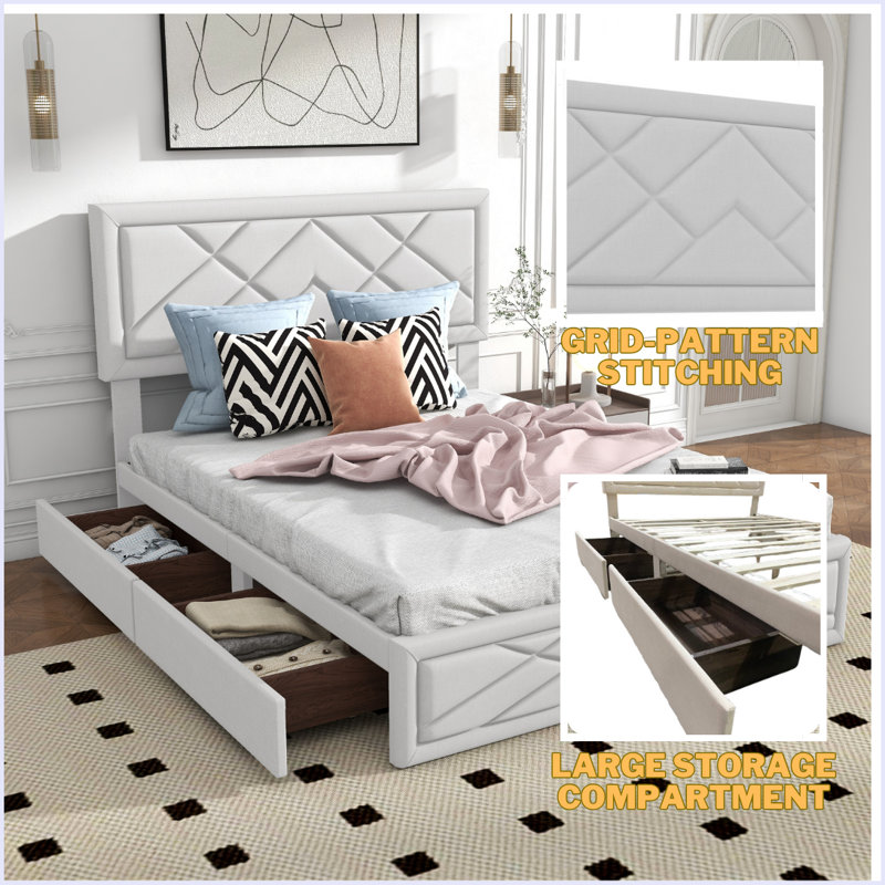 Structure de grand lit avec tête de lit et rangement, Beige