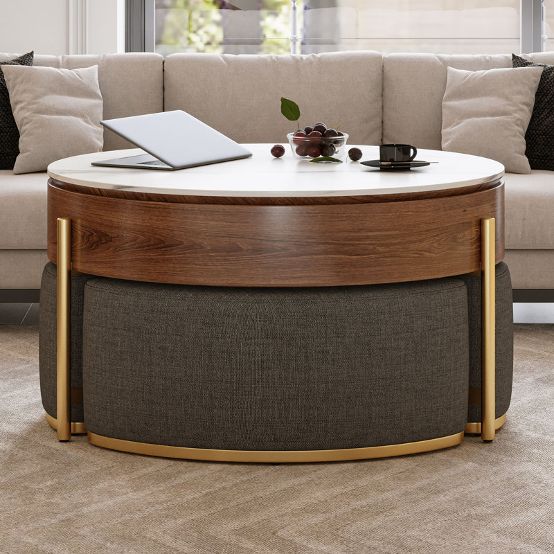 Modern Lift-Top Round Coffee Table With Hidden Storage, Walnut Veneer & Sintered Stone Top,3 Upholstered Nesting Ottomans, Space-Saving Design