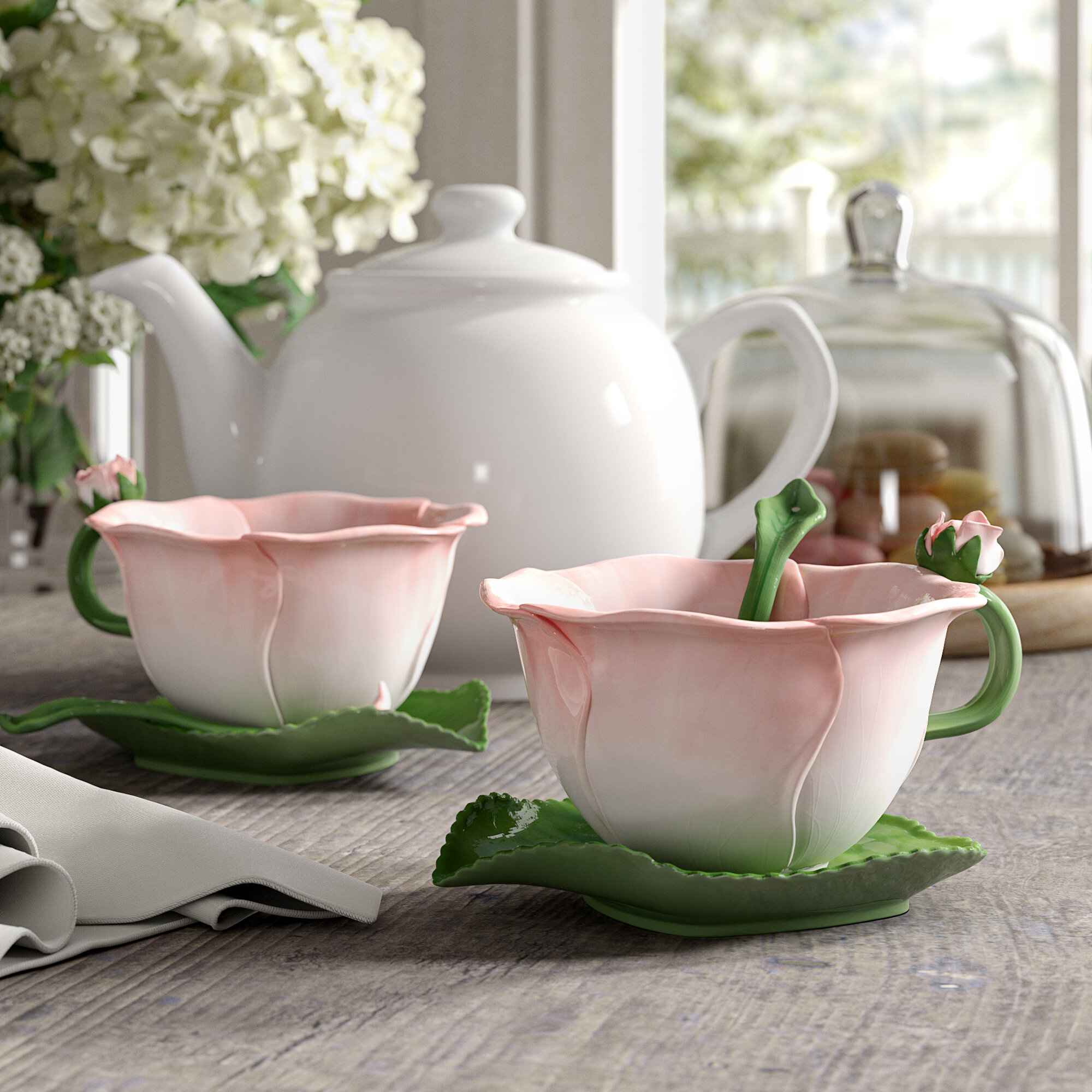 QXXSJ Ensemble de tasses à café fines en porcelaine fine rose, service de 7  oz et soucoupes pour 4 personnes, avec théière, carafe à thé, crème, carafe  et passoire à thé pour