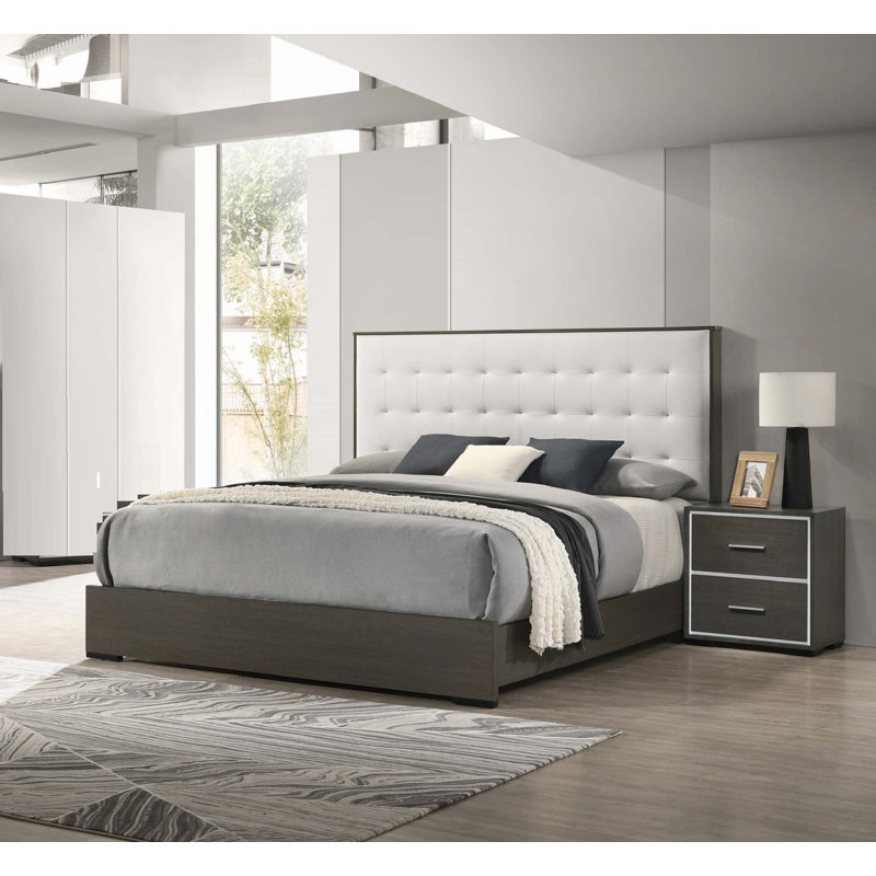 Panel Bed Button Tufted Headboard Wooden, Queen