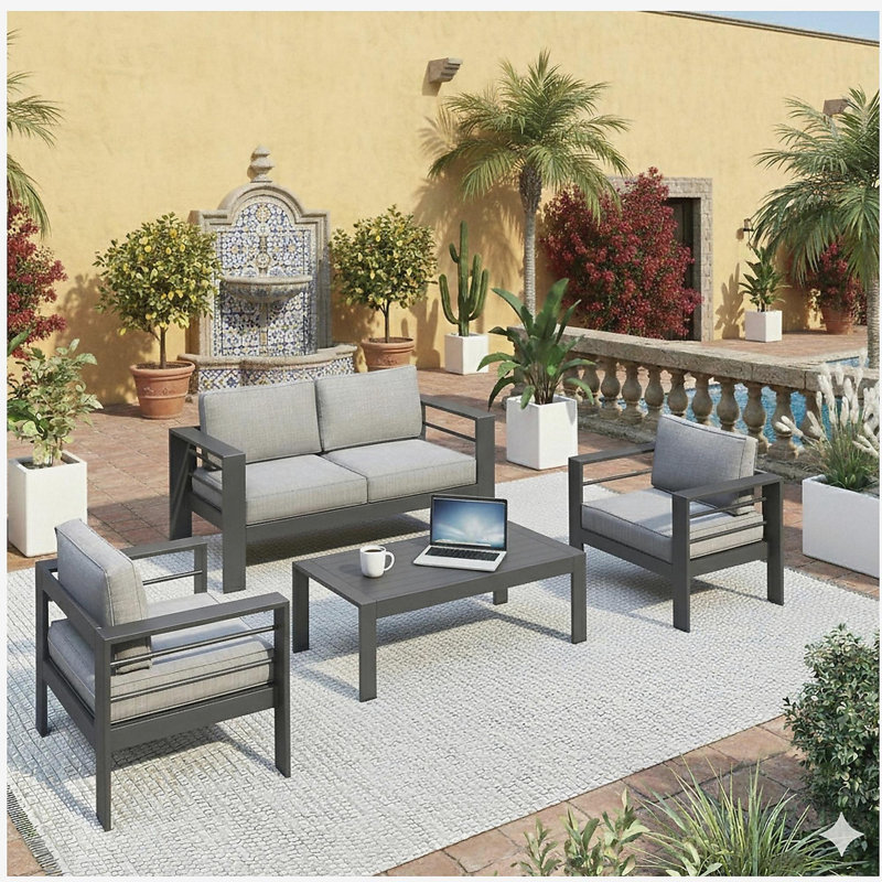 4-Piece Modern Aluminum Patio Conversation Set,  4-Seat Outdoor Sofa with  Thick Dark Gray Cushions & Gray Frame and Coffee Table