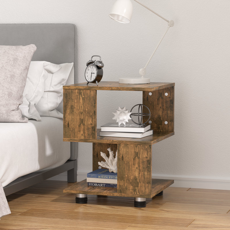 Table de chevet cubique à 3 niveaux, table de bout asymétrique en bois manufacturé avec patins anti-rayures, table de chevet en bois naturel pour petites chambres