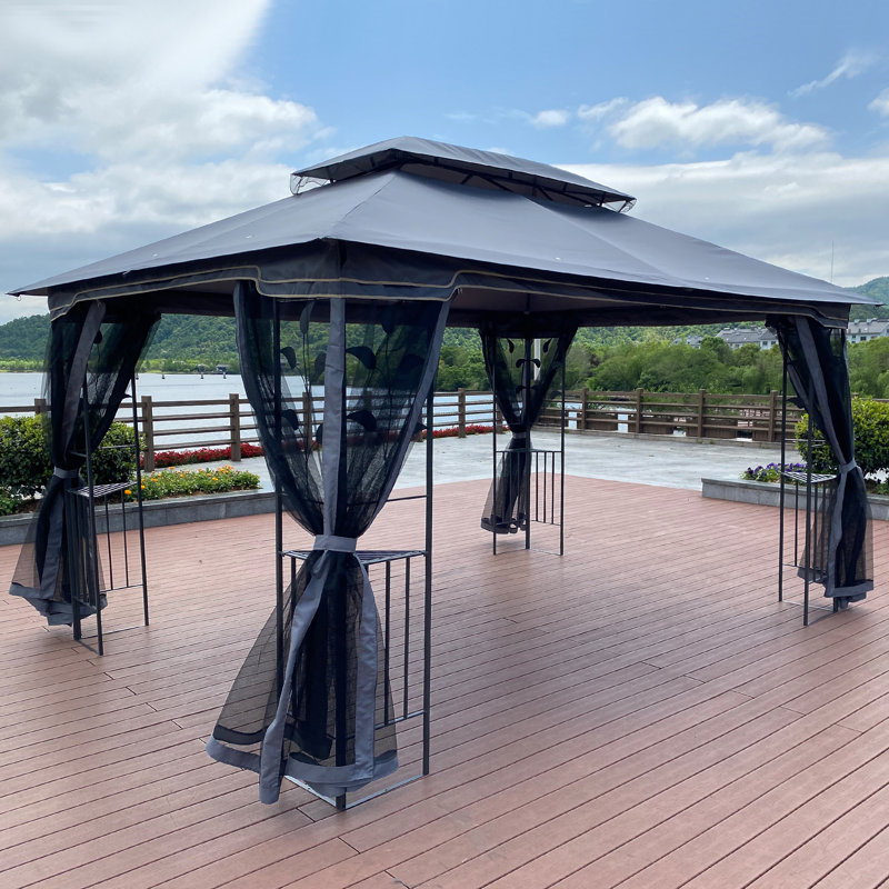 Tente de pavillon de jardin 13x10 avec double toit ventilé et moustiquaire, Gris, Gris