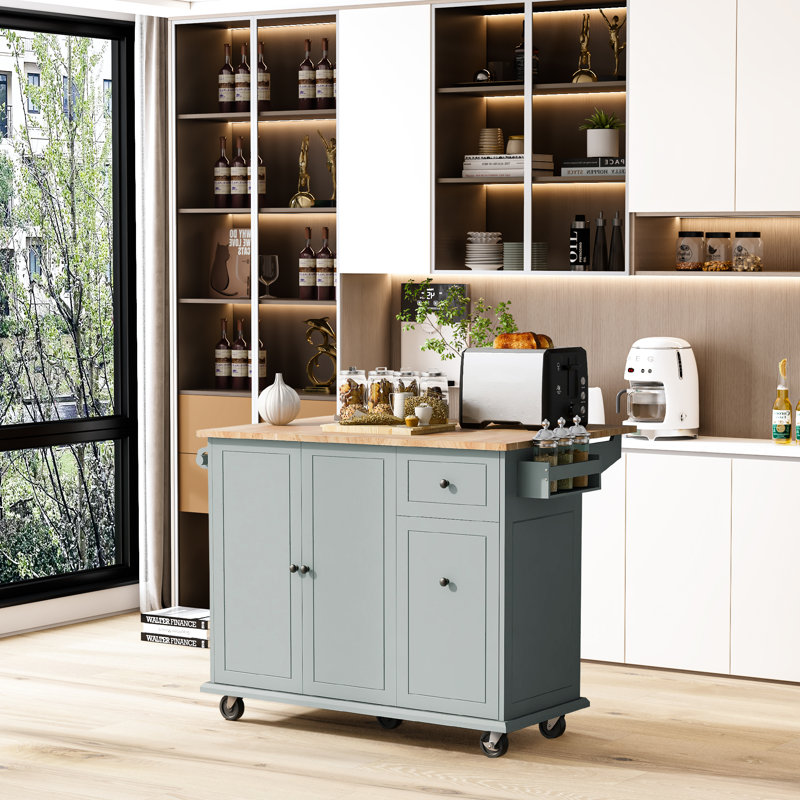 Chariot de cuisine avec plateau en bois manufacturé Tima, Bleu-gris