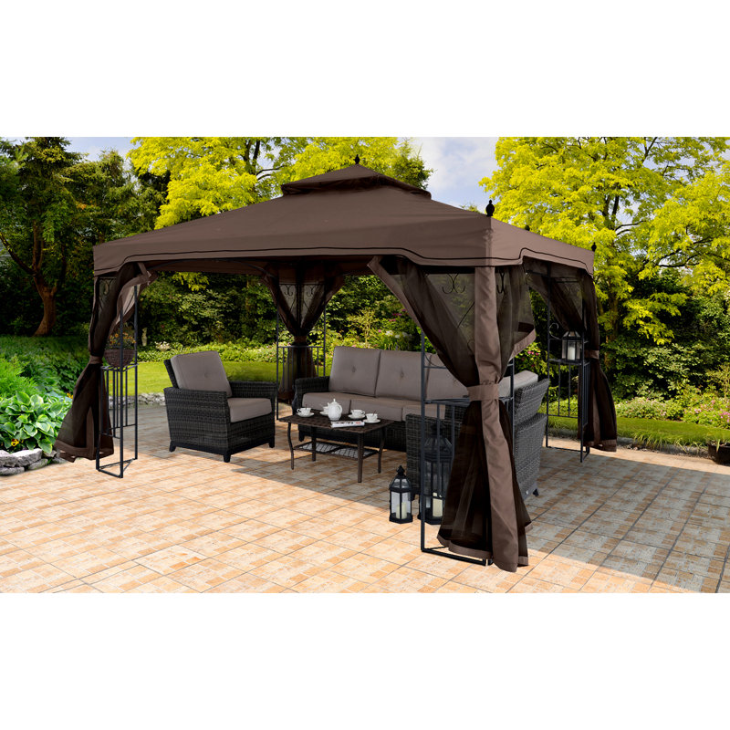 MASTERCANOPY Steel Patio Gazebo with Corner Shelves, Brown, 10 ft. x 12 ft.