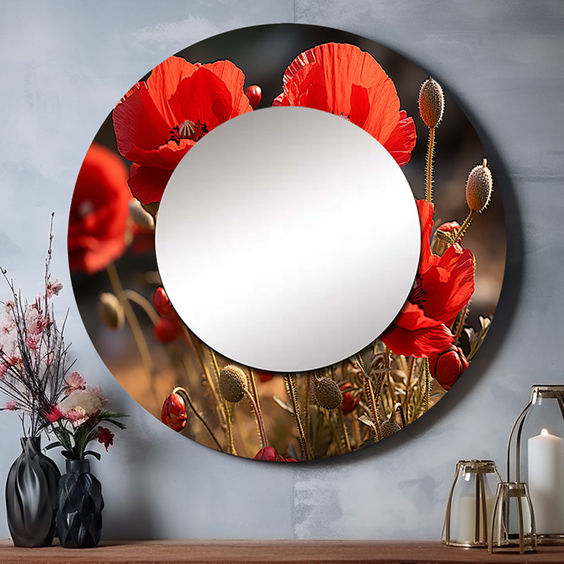 Red Poppies Field I - miroir mural coquelicots, miroir décoratif rond traditionnel, impression d'art en métal, 36 po x 36 po
