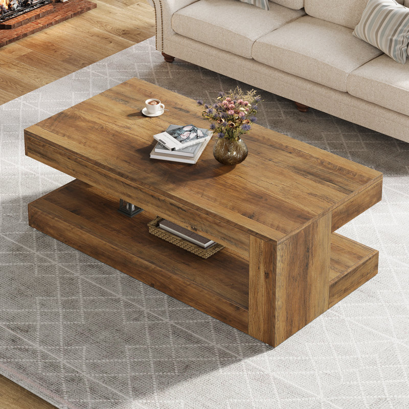 47.24'' Rectangular Coffee Table For Living Room, Farmhouse 2-tier Accent Center Tea Cocktail Table With Storage