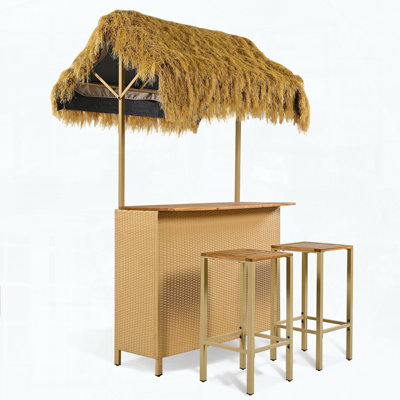 Ensemble de patio à hauteur de bar de style hawaïen avec auvent en gazon synthétique, table de bar d'extérieur et tabourets avec pieds réglables, plateau en bois d'acacia, pour manger et boire, naturel