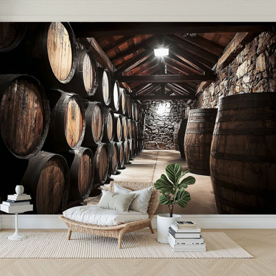 Peel and Stick Wallpaper 96" W x 69" H Modern Self Adhesive Wall Mural for Bedroom old barrels wine whiskys pictures