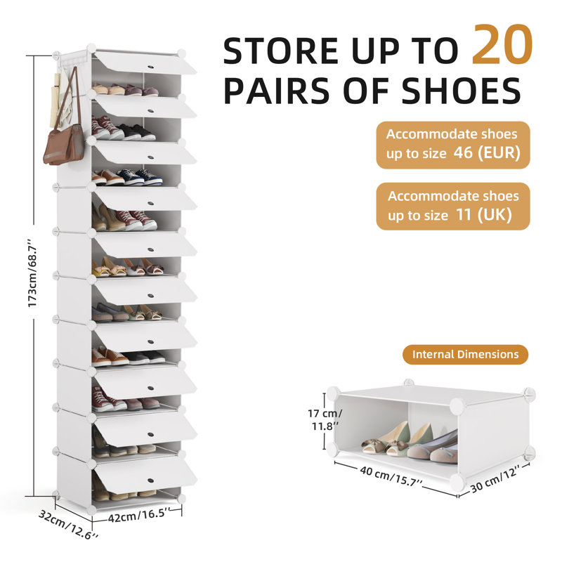 20 Pair Stackable Shoe Storage Cabinet, White