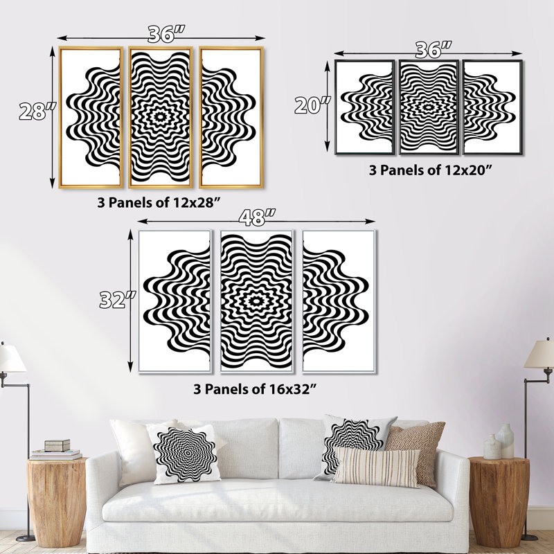 Optique optique en spirale - ensemble d'art moderne sur toile encadrée moderne de 3, H 20 po x l 36 po x P 1 po, Blanc