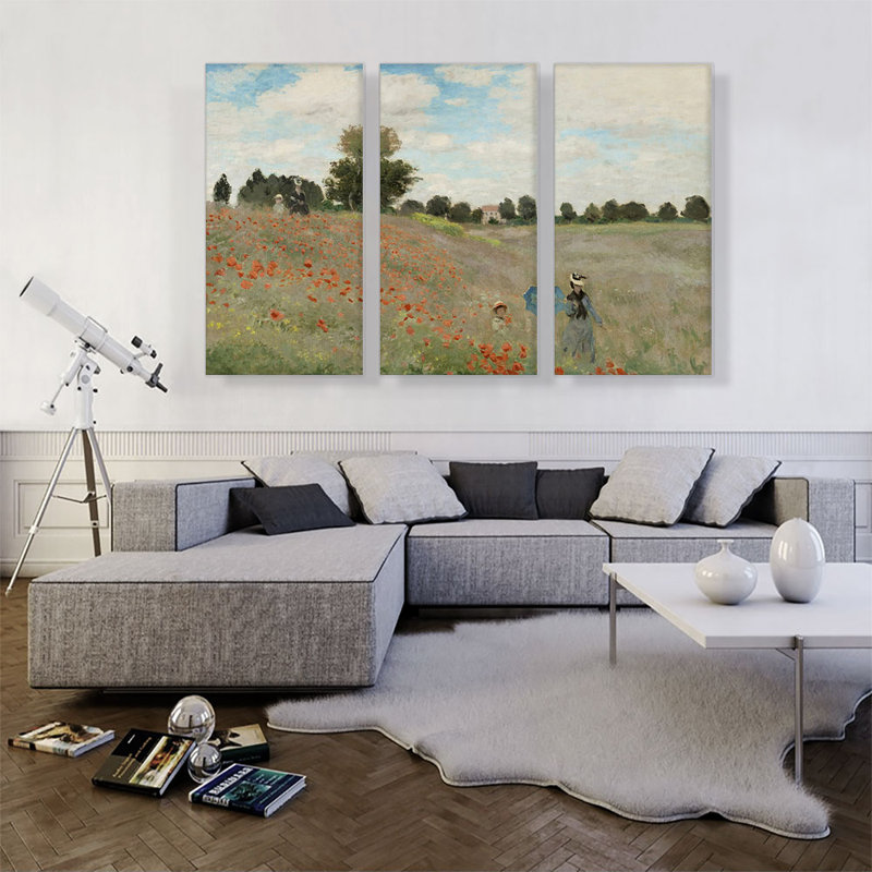 «Poppy Field 1873» par Claude Monet, ensemble de 3 reproductions d'art sur toiles tendues, H 40 po x l 60 po x P 0,75 po