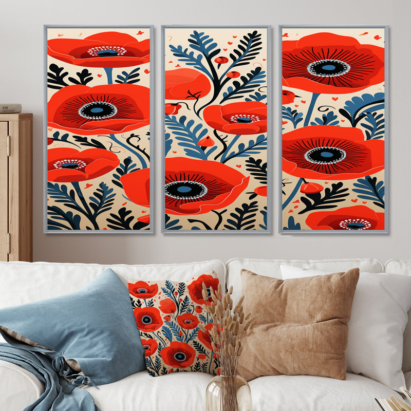 Vandyke - ensemble de décoration murale coquelicots, Argent argent, H 32 po x l 48 po