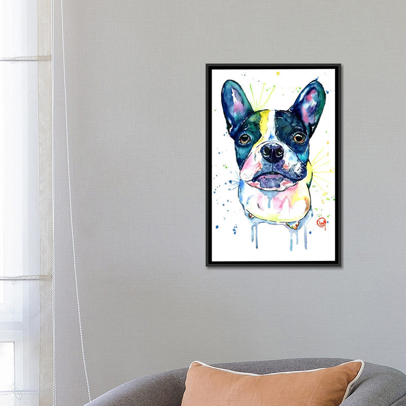 « juno the frenchton », impression sur toile tendue, H 26 po x l 18 po x P 1,5 po, Toile avec cadre noir, Pas de tapis