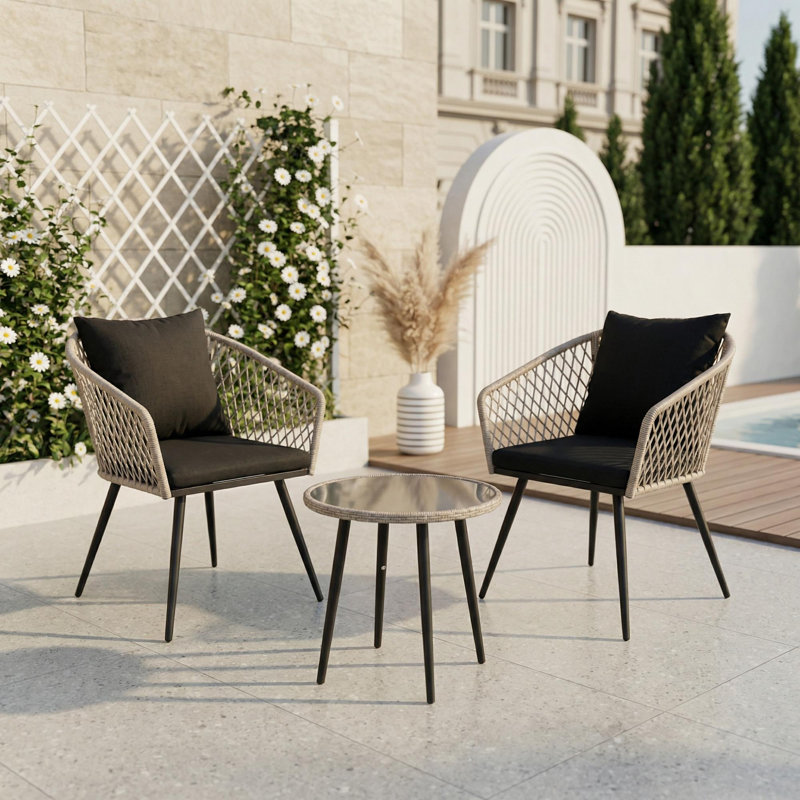 2-Piece Modern Bohemian PE Wicker Outdoor Patio Seating Set with Cushions and Side Table, Black