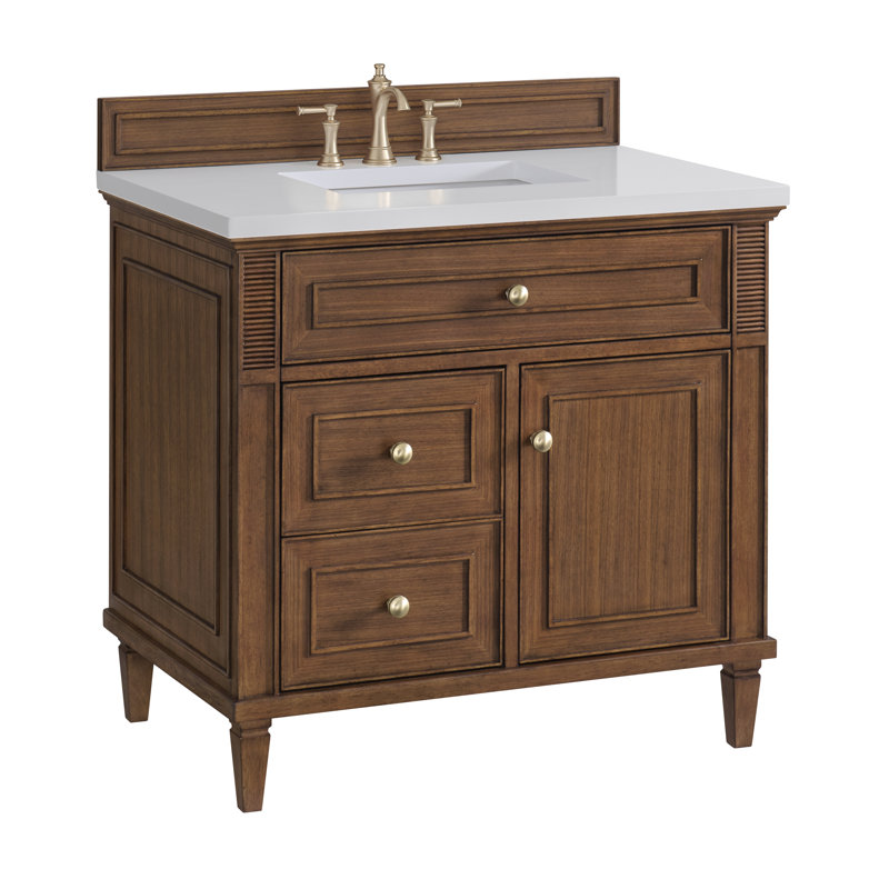 Ensemble de meuble-lavabo simple 36 po Lorelai, Noyer style Mid-Century, Blanc Zeus, 8 po