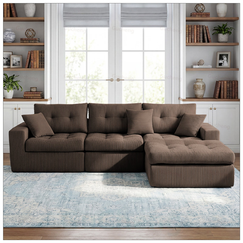 Canapé-lit en coin avec méridienne à compression Corduroy, canapé modulaire en forme de L avec éponge à haute densité, aucun assemblage requis pour le salon, appartement, chambre d'amis