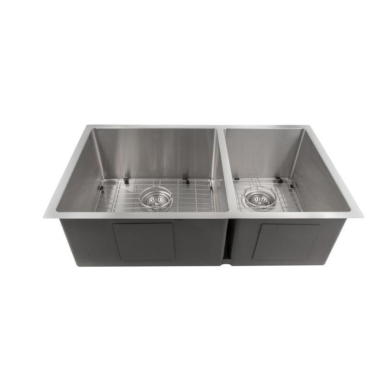 Chamonix Stainless Steel 33" L x 19" W Double Basin Undermount Kitchen Sink with Basket Strainer