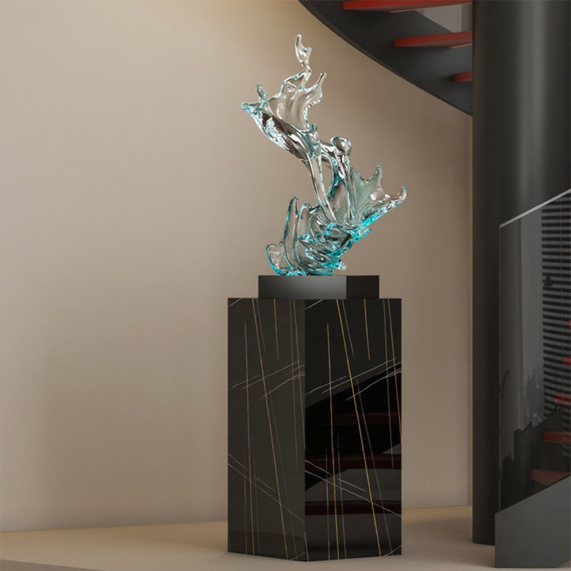 Transparent Wave Abstract Fiberglass Marble Base Sculpture Decoration Item, Blue/Clear
