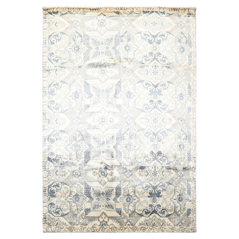 Tapis transitionnel indo tibétain ivoire en soie 100% noué à la main 6 pi 2 po x 9 pi 1 po