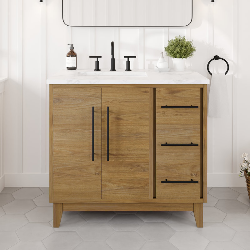 Meuble-lavabo en chêne Burtch l 36 po x P 22 po avec comptoir en pierre d'ingénierie Arabescato blanc et lavabo encastré en céramique