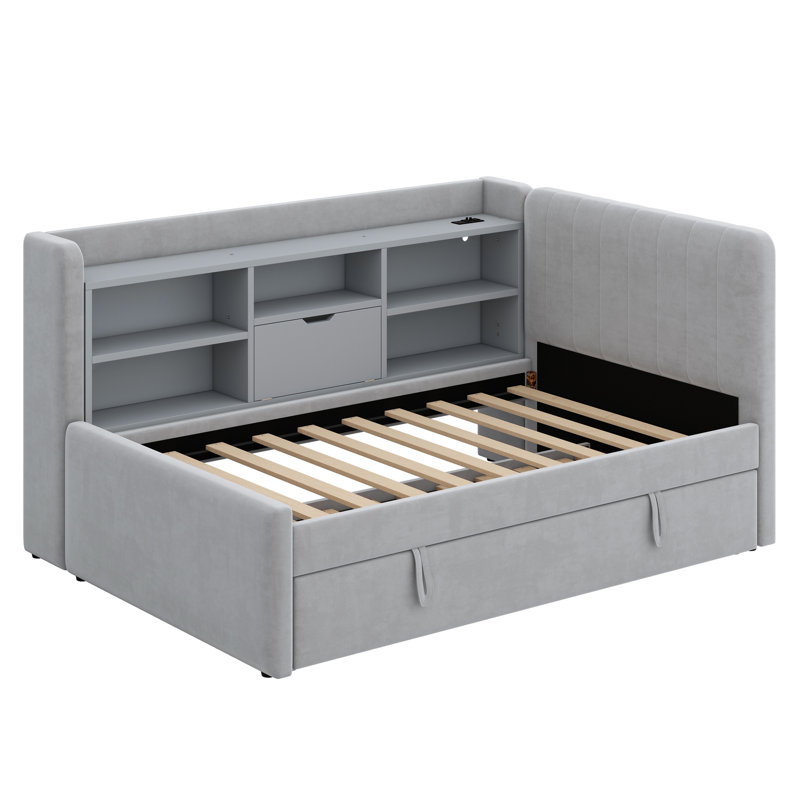 Lit de jour rembourré avec lit gigogne, tablettes de rangement, port USB et prise de courant, Gris