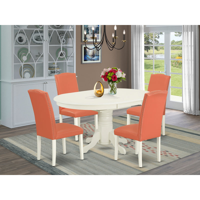 5-Piece Kitchen Table Set for 4 Includes an Oval Butterfly Leaf Dining Table and 4 Pink Flamingo Faux Leather Upholstered Chairs, Linen White
