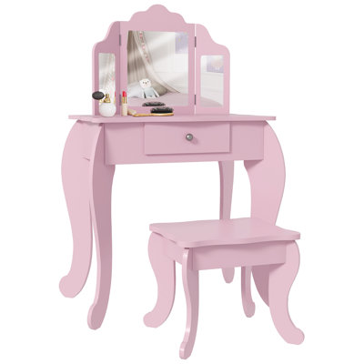 HOMCOM Kids Vanity Table and Chair Set with Tri-Folding Mirror Stool Pink