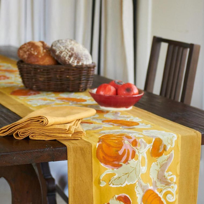 Pumpkin Handmade Floral Table Runnner, 90" W x 16" L, Orange-Yellow