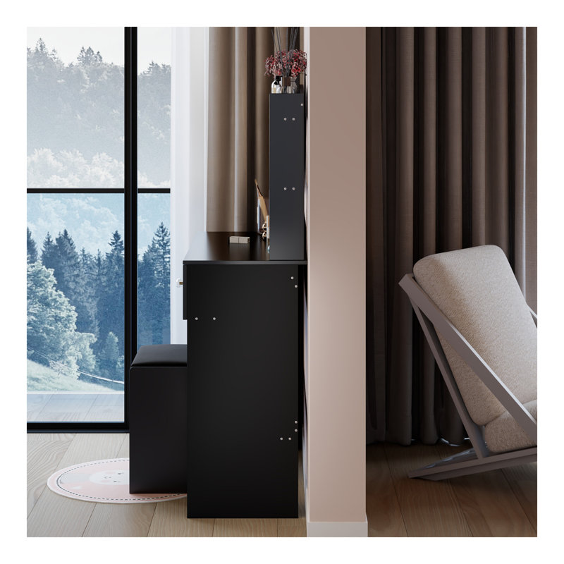 17" Round LED Mirror Vanity Table + Soft Cushion Stool Set, Large Mirror, Touch Switch, 3 Colors, Adjustable Brightness, Large Desktop, Multi-Layer High Capacity Storage, Suitable For Small Space