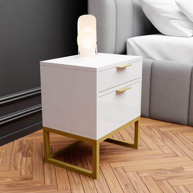 Mekenna 40cm W Metal Bedside Table, Glossy White/Gold