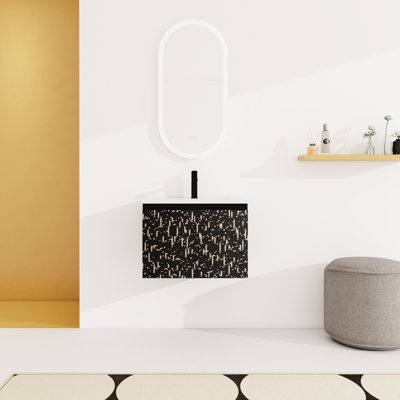 Bathroom Vanity 24'' With Ceramics Sink & Soft-Close Door - Wall Mounted Modern Black Appearance Cabinet Design