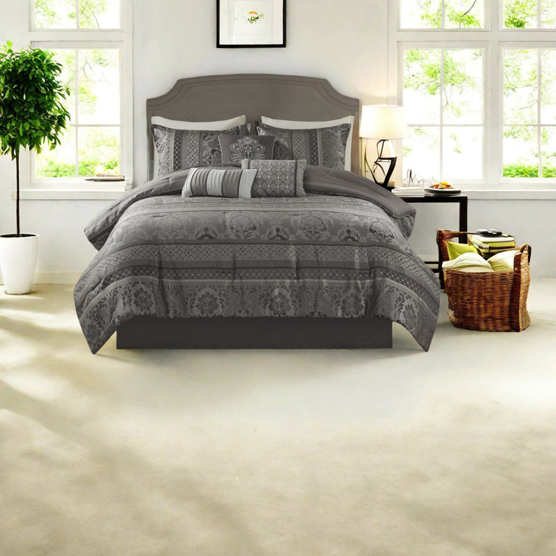 Ensemble de literie luxueux en jacquard gris 7 pièces, édredon en polyester pour maison élégante