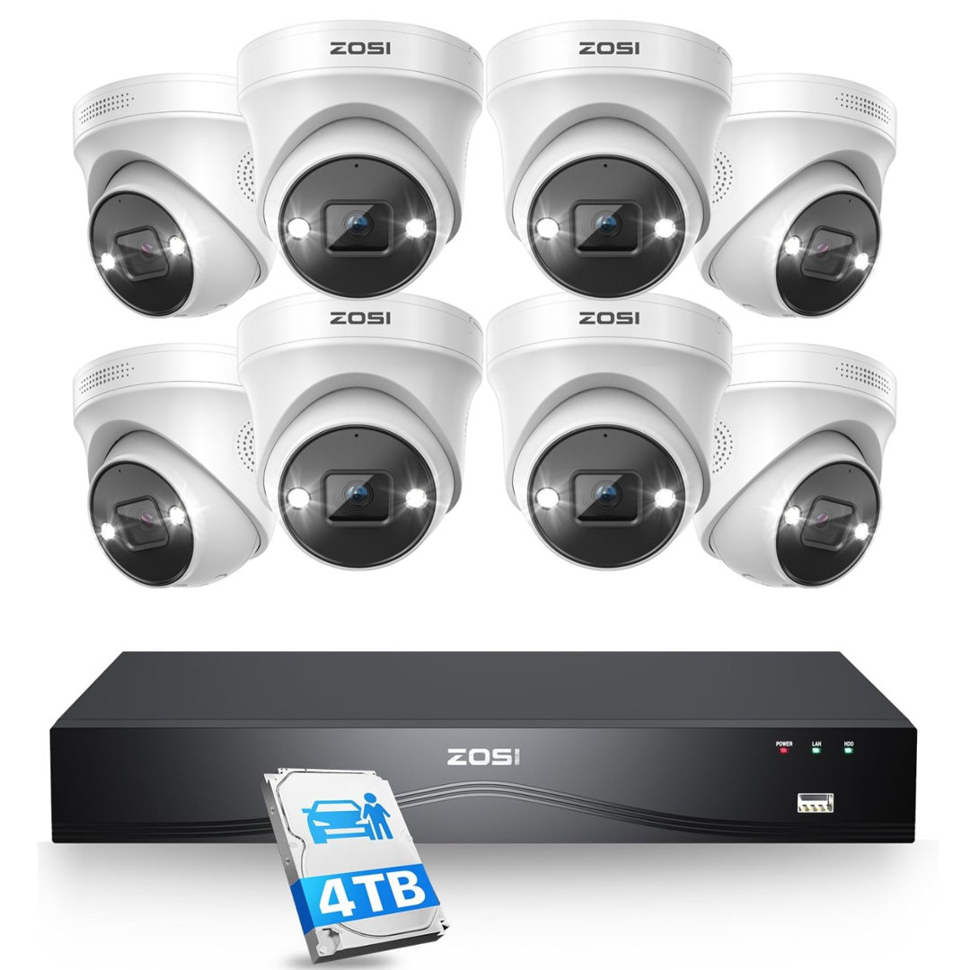 16CH 4K POE NVR security camera system with 4TB HDD, 8MP Outdoor Spotlight POE Cameras, 2-way Talk (Set of 8) ZOSI