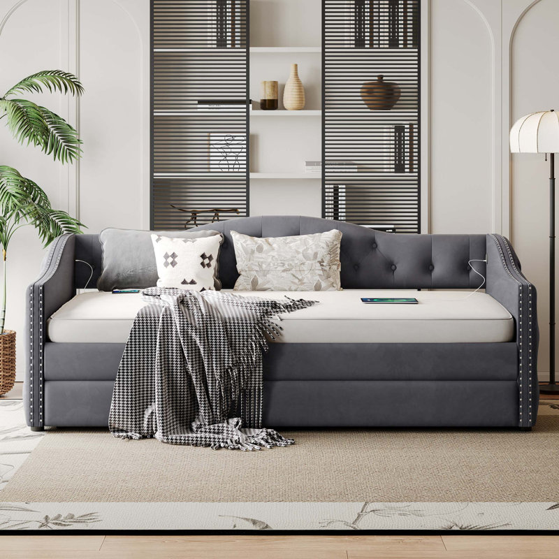 Twin Size Upholstered Daybed With Trundle And USB Charging Design, Sturdy Wood Slat Support, Wood Bed Frame,Plush Velvet Fabric